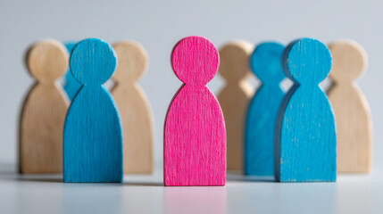 Wooden figures representing individuality and leadership standing out from the crowd in a group illustrating diversity and uniqueness in teamwork and community conce