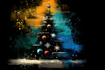 Christmas tree created in abstract art style, a pine with glowing ornaments and paint splatters, high contrast colors and a dynamic xmas mood