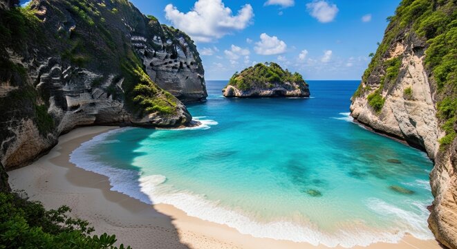 Dramatic view of a secluded tropical beach framed by towering limestone cliffs and turquoise ocean water.