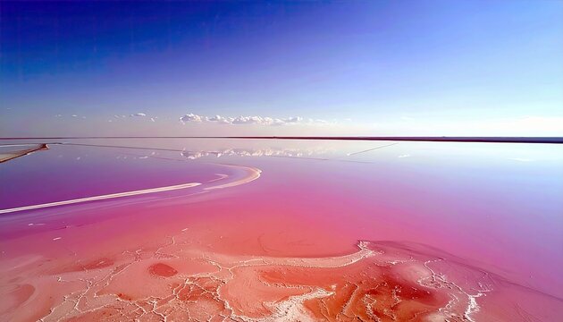 An aerial view of a vast salt lake with vibrant pink water, reflecting the clear blue sky and distant horizon.
