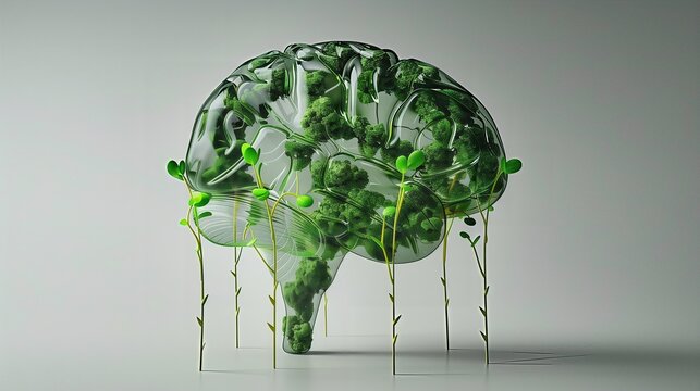 Transparent glass brain with growing green plants and roots inside. Eco-friendly mindset and mental health concept. Sustainable development, ecological awareness, and natural intelligence 3D illustrat