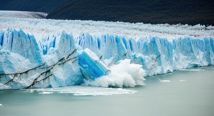 Dramatic glacial calving event as a massive blue ice cliff breaks off and falls into the water.
