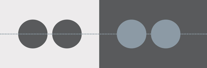 Two circles on contrasting backgrounds separated by a dotted line in a simple abstract design