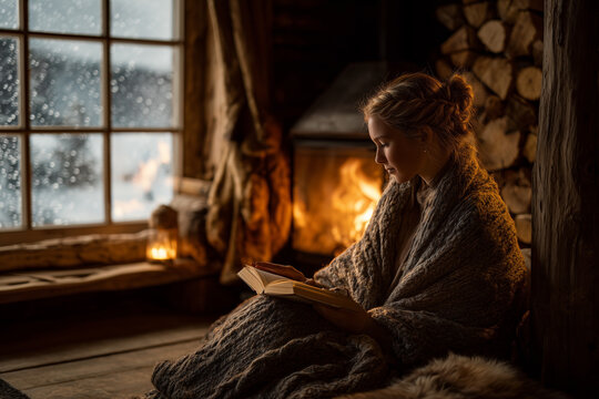woman reading by candlelight in cozy winter cabin