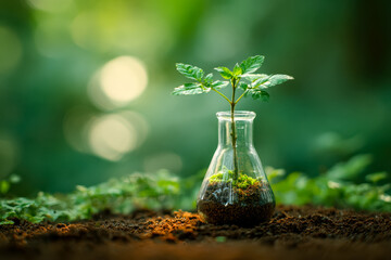 Young plant growing in a laboratory glass container with soil, symbolizing sustainability and environmental growth