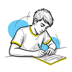 Young boy filling out college admissions form while studying at desk  