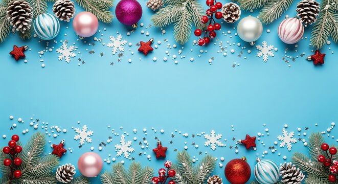 Blue Christmas Background. Festive Border with Snow-Covered Fir Branches, Colorful Baubles, and Snowflakes