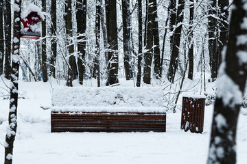 Snowfall in the park, a bench covered with snow