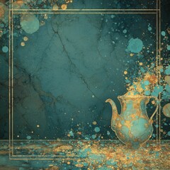 An artistic rendering of a golden teapot with teal and gold paint splatters emanating from it against a textured dark teal backdrop.