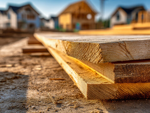 Close-up of fresh wooden planks stacked on dusty ground at a residential construction site with blurred houses and barn in the background during daytime sunlight - Powered by Adobe