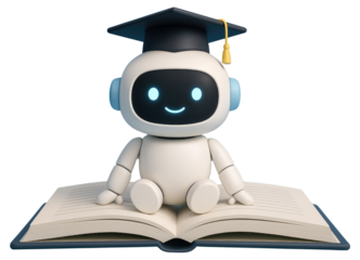 Adorable white robot with smiling face wearing graduation cap sitting on open book isolated on a transparent background
