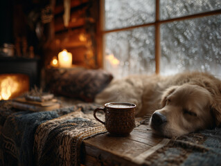 golden retriever sleeping in cozy winter cabin