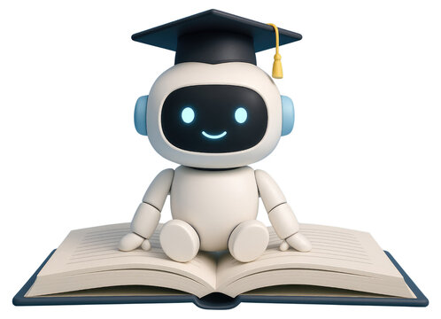 Adorable white robot with smiling face wearing graduation cap sitting on open book isolated on a transparent background - Powered by Adobe