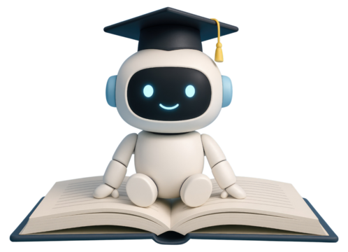 Adorable white robot with smiling face wearing graduation cap sitting on open book isolated on a transparent background