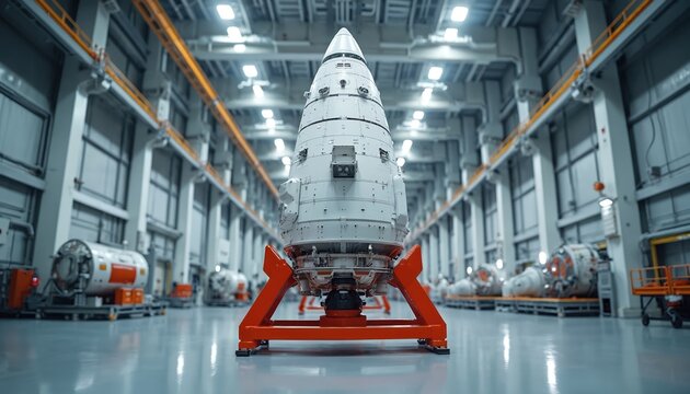 Spacecraft module displayed in modern industrial setting. The photo shows aerospace tech at factory. Innovative rocket design showcased. Inside the facility a complex vehicle is present.