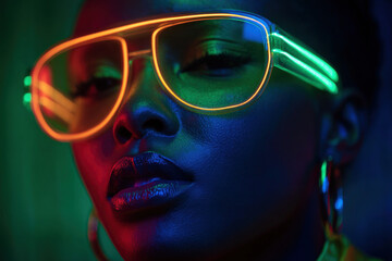 Futuristic woman with neon glasses glowing in the dark aesthetic portrait