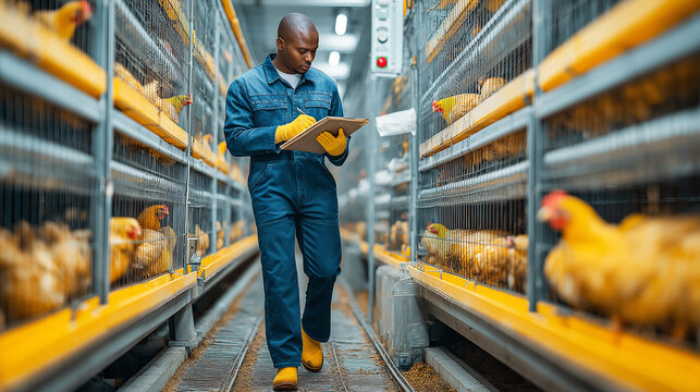 Poultry farm worker in blue coveralls takes notes in a long aisle. Clipboard in hand, he surveys cages and chickens for daily quality checks.