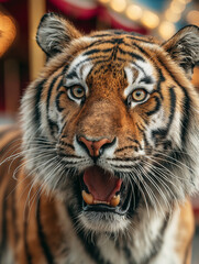 Obraz premium Tiger close-up stares at blue background. Its open mouth shows sharp teeth.