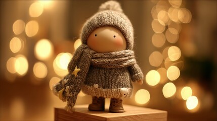 A cute figurine in winter attire stands on a box, surrounded by blurred lights, creating a cozy and whimsical atmosphere.