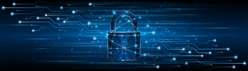 Lock icon with circuit board technology cyber security and privacy data protection. Innovation concept of future security technology.	