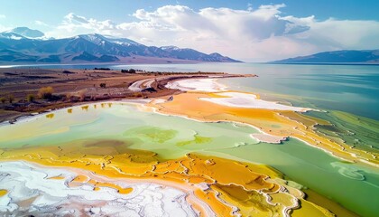 Aerial view of a lake shoreline with colorful mineral deposits, a road, and distant mountains under a cloudy sky.