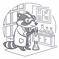 Cartoon raccoon scientist working in a laboratory with chemistry equipment in a line art style