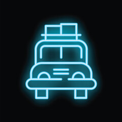 Blue neon sign of a car carrying luggage on its roof, symbolizing a road trip adventure