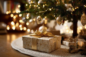 Christmas gift box with golden ribbon under decorated tree.
