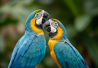 Fototapeta premium Two stunning blue and gold macaws with vibrant plumage nuzzle each other affectionately in a lush green natural environment, symbolizing love and companionship