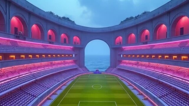 A futuristic reinterpretation of a Roman insula featuring multi-level architecture with stone arches and modern metallic elements. 