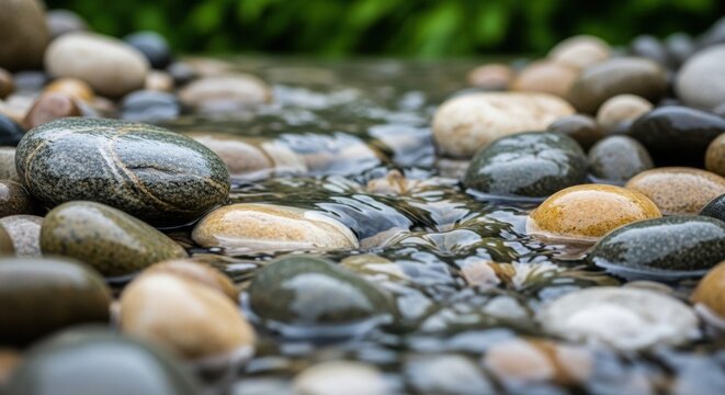 Close-up of smooth river stones with flowing water creating a natural calming and refreshing scene.