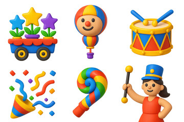 Fototapeta premium Set of six colorful cartoon characters, including a clown, a clown car