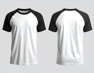 Front and back view of a white and black raglan t-shirt on a gray background
