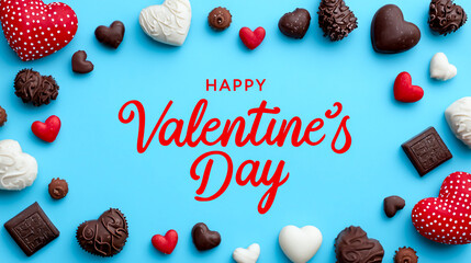 A blue background with Happy Valentine's Day written in red
