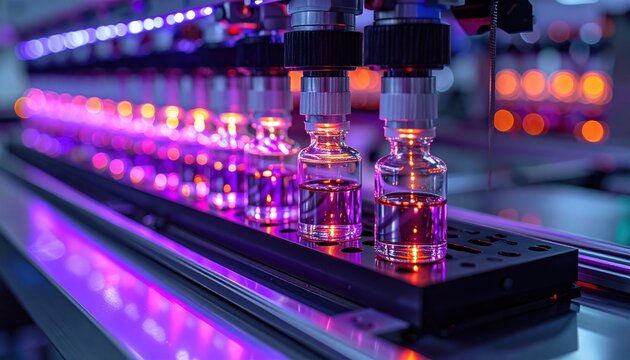 GMP Quality Control Testing: Microscopic vial array under robotic arm scan
