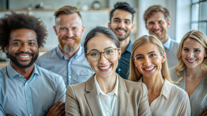 Diverse group of employees from various nationalities smiling during onboarding process