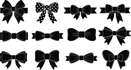 Bow silhouettes, ribbon icons, decorative bows, black vector, gift wrap design, fashion accessory, knot styles, graphic clipart, elegant shapes, illustration art