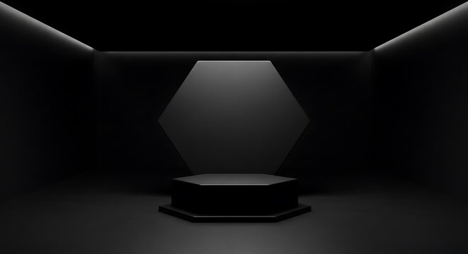 Hexagon Podium in black room for mock up, 3D rendering