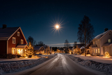 Bright Christmas star above glowing snowy village.
