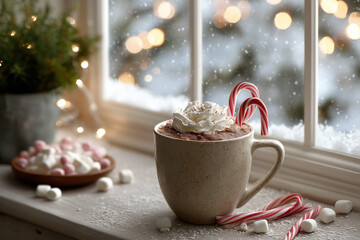 Hot chocolate mug with candy cane and marshmallows by window.
