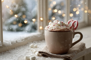 Hot chocolate mug with candy cane and marshmallows by window.
