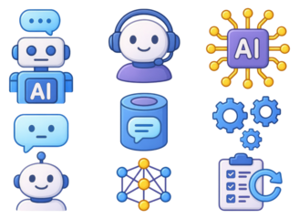 Artificial intelligence icons including robots chatbots AI chip and gears isolated on a transparent background