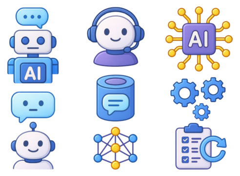 Artificial intelligence icons including robots chatbots AI chip and gears isolated on a transparent background