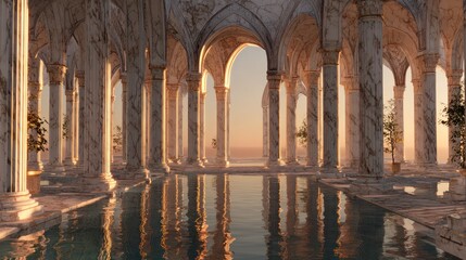 Obraz premium A grand, ornate hall with marble columns, arches, a pool, and serene ocean view
