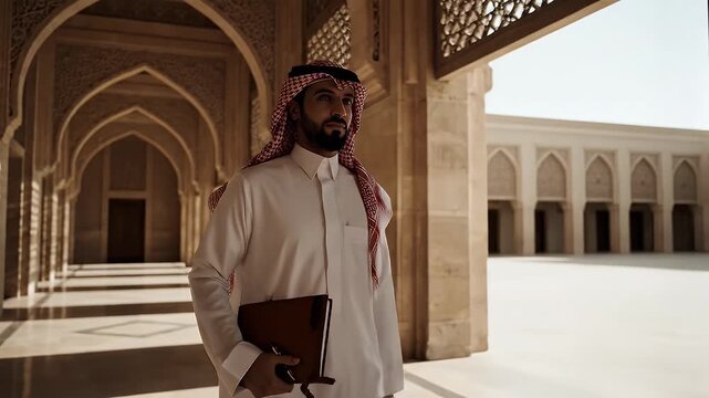A man dressed in traditional Middle Eastern attire holding a notebook and standing confidently in an ornate architectural setting with arches and intricate designs
