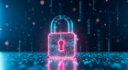 Cybersecurity concept Illuminated padlock in digital space, symbolizing data protection and security measures