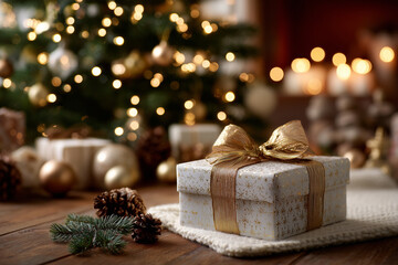 Christmas gift box with golden ribbon under decorated tree