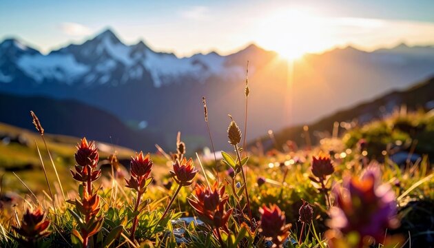 Close-up view of red and purple wildflowers in a meadow with the sun rising behind snow-capped mountains.
