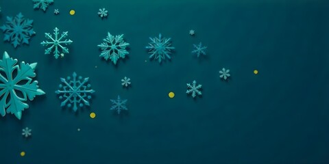 Blue snowflakes with yellow dots on a dark blue background, winter themed, simple , elegant , festive , holiday season , minimalist design, cool tones, geometric patterns, symmetrical composition