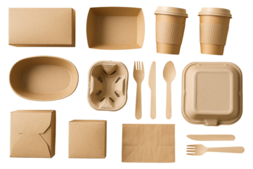 Assortment of disposable brown paper food packaging and cutlery laid out flat on a white surface cardboard isolated on a transparent background